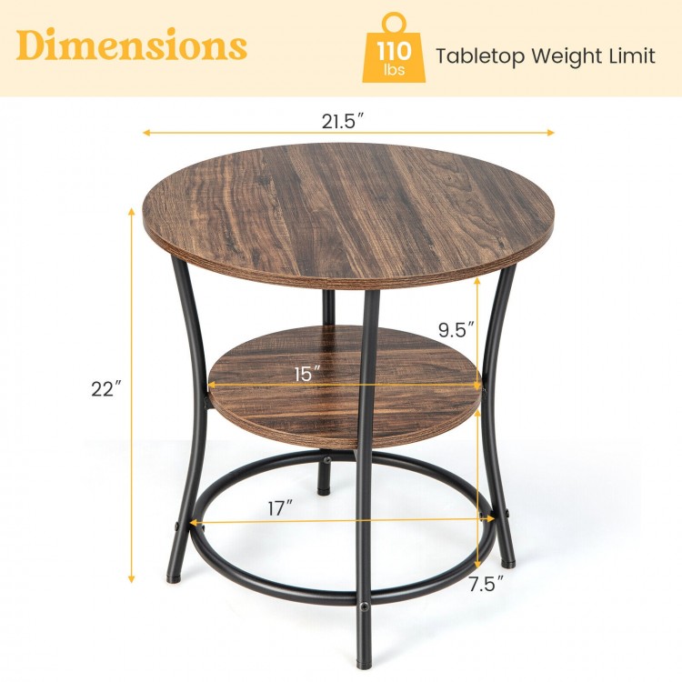 2-tier round end table with a rustic wood grain finish and sturdy metal frame, ideal for home or office use.
