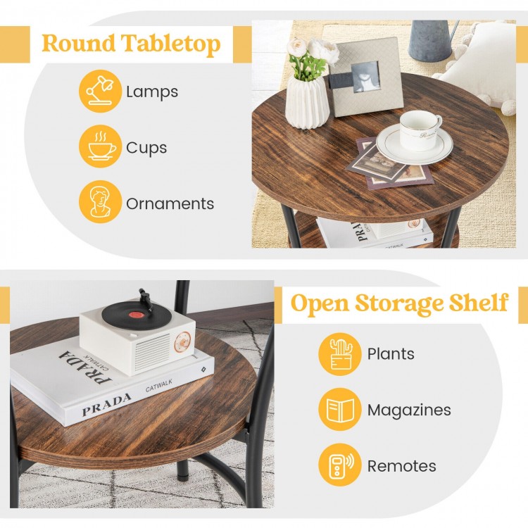 Round end table with rustic wood grain, featuring open storage shelf for plants and sturdy metal frame, ideal for home.