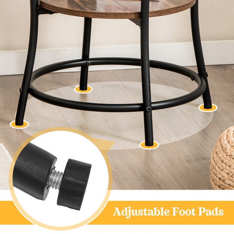Close-up of adjustable foot pads on the sturdy metal frame of the 2-tier round end table for enhanced stability.