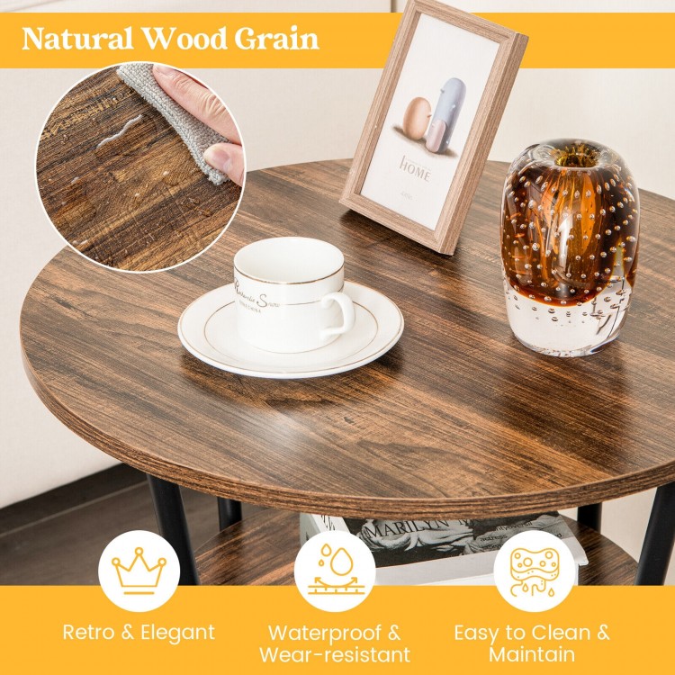 Round end table with natural wood grain, sturdy metal frame, and open storage shelf, ideal for home or office use.
