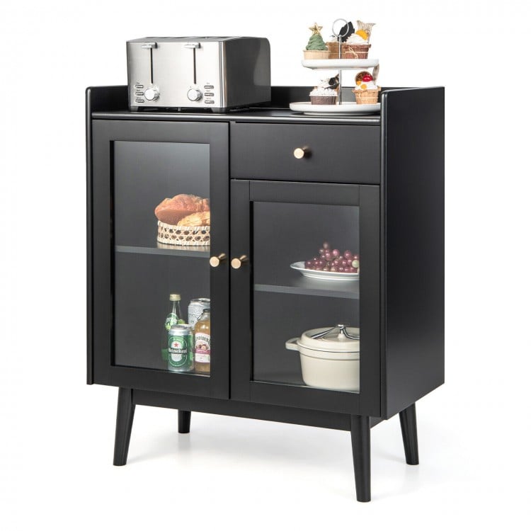 Kitchen Buffet Sideboard with 2 Tempered Glass Doors and Drawer-BlackCostway Gallery View 4 of 10