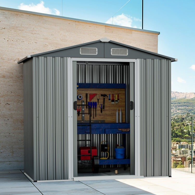 6 x 4 Feet Galvanized Steel Storage Shed with Lockable Sliding Doors-GrayCostway Gallery View 1 of 10