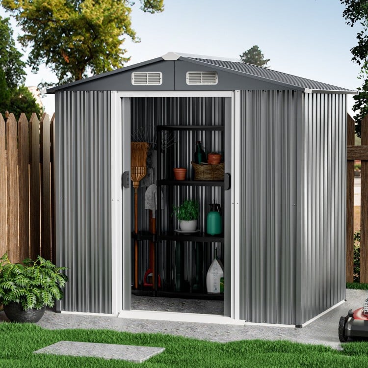 6 x 4 Feet Galvanized Steel Storage Shed with Lockable Sliding Doors-GrayCostway Gallery View 2 of 10