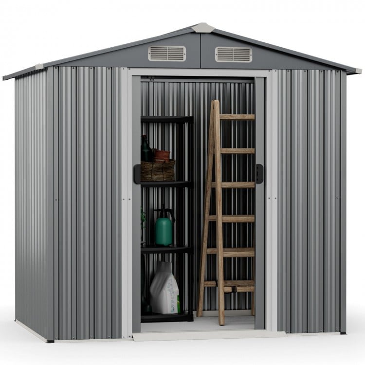 6 x 4 Feet Galvanized Steel Storage Shed with Lockable Sliding Doors-GrayCostway Gallery View 3 of 10