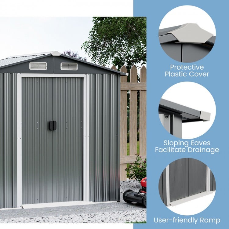 6 x 4 Feet Galvanized Steel Storage Shed with Lockable Sliding Doors-GrayCostway Gallery View 6 of 10