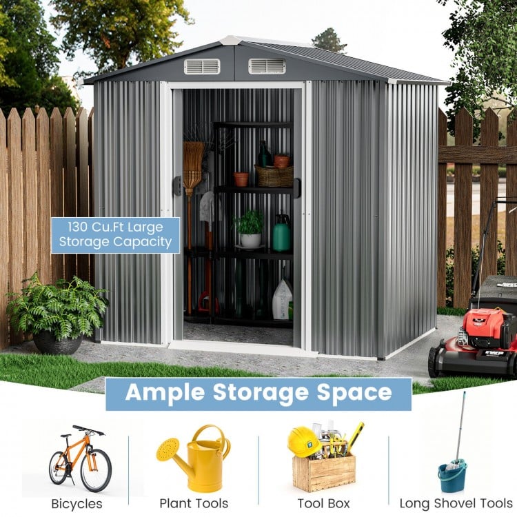 6 x 4 Feet Galvanized Steel Storage Shed with Lockable Sliding Doors-GrayCostway Gallery View 9 of 10