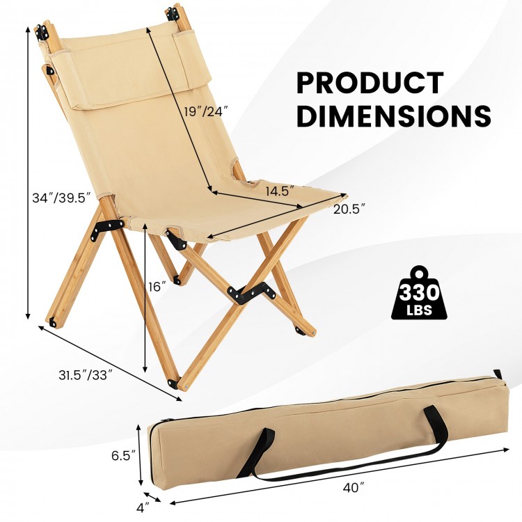 Bamboo Folding Camping Chair with 2-Level Adjustable Backrest-NaturalCostway Gallery View 5 of 9