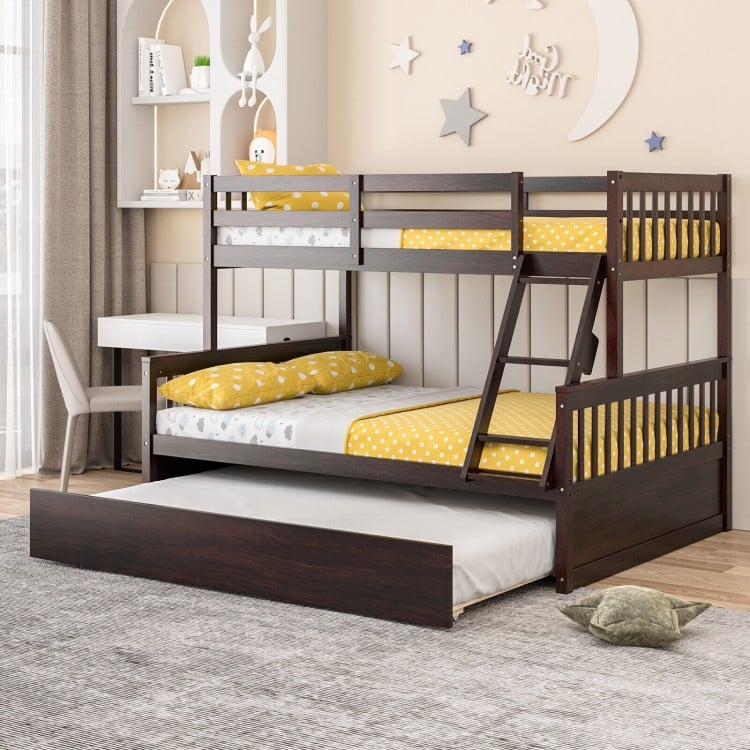 Twin over full convertible bunk bed in espresso with trundle, featuring solid pine wood and full-length guardrails for.