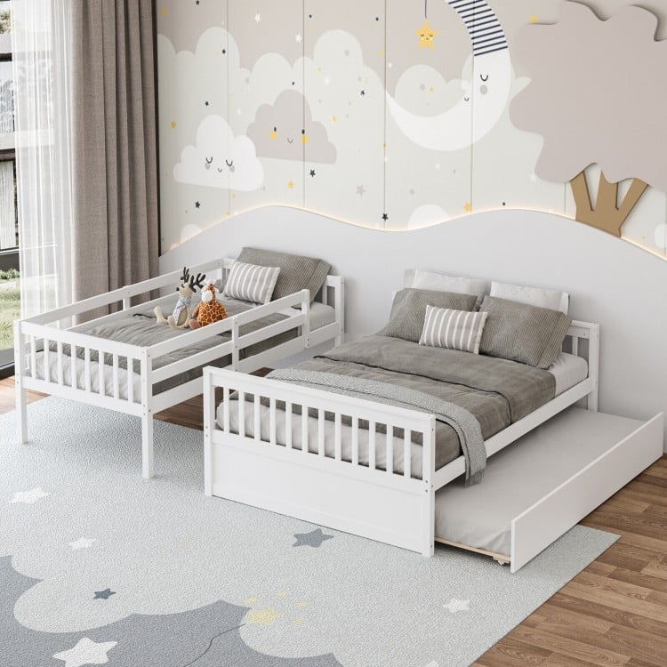 Twin over full convertible bunk bed in white with trundle, featuring solid pine wood frame and modern design for.