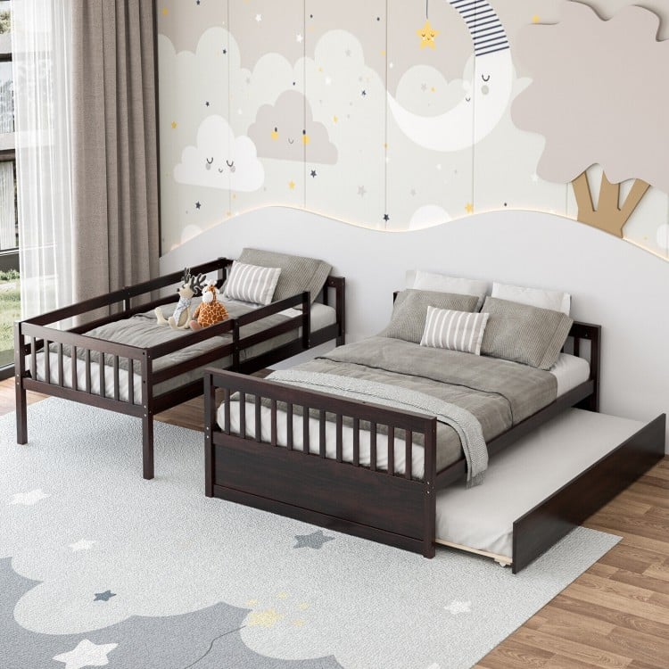 Twin over full convertible bunk bed in espresso with trundle, featuring solid pine wood frame and modern design for.