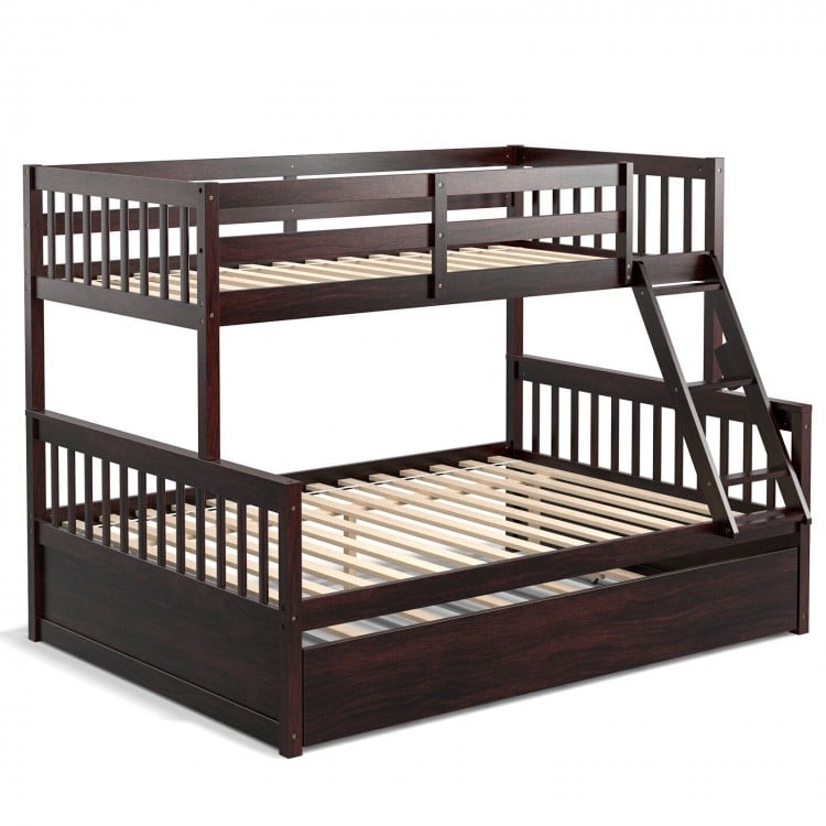 Twin over full convertible bunk bed in espresso with trundle, solid pine wood, and built-in ladder for easy access.