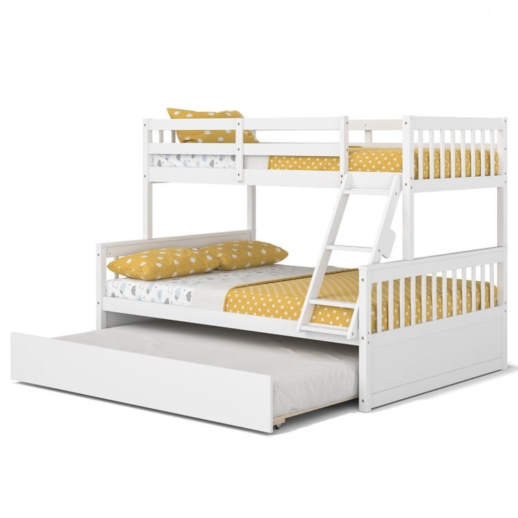 Twin over full convertible bunk bed in white with trundle, solid pine wood, and full-length guardrails for safety.