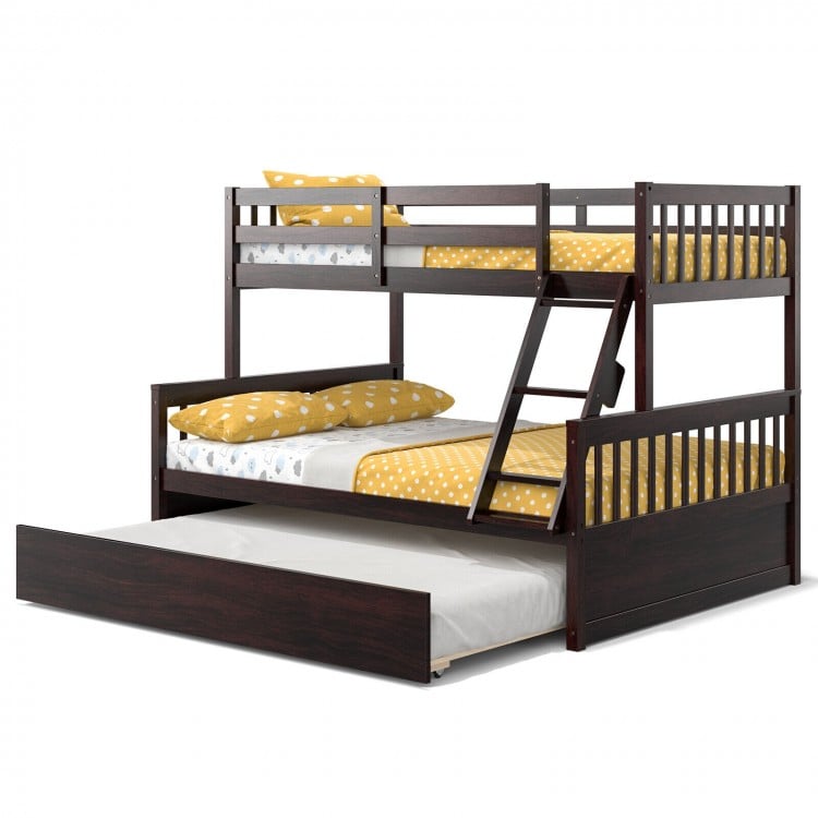 Twin over full convertible bunk bed in espresso with trundle, solid pine wood, and full-length guardrails for safety.
