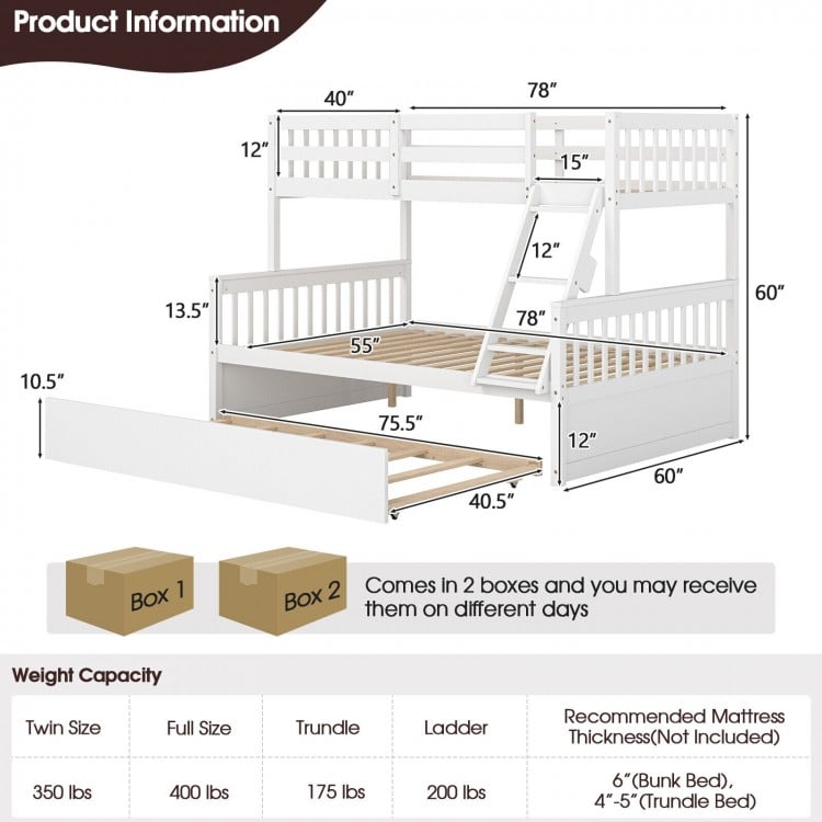 Twin over full convertible bunk bed in white with trundle, solid pine wood, and built-in ladder for versatile sleeping.