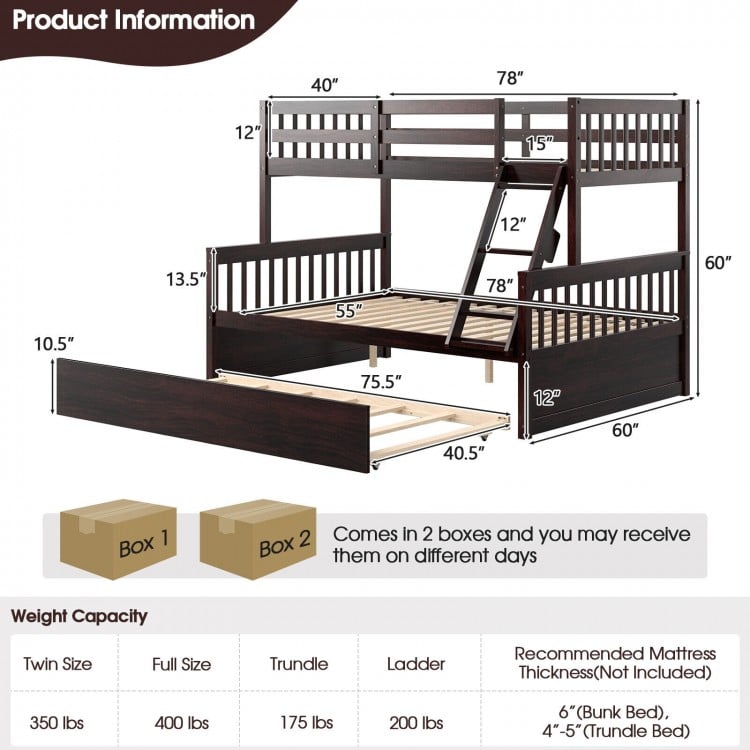 Twin over full convertible bunk bed in espresso, showcasing sturdy wood slats for mattress support and durability.