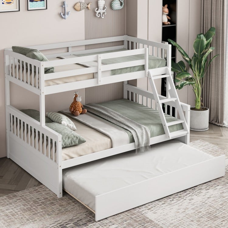 Twin over full convertible bunk bed in white with trundle, solid pine wood, ideal for bedrooms and guest rooms.