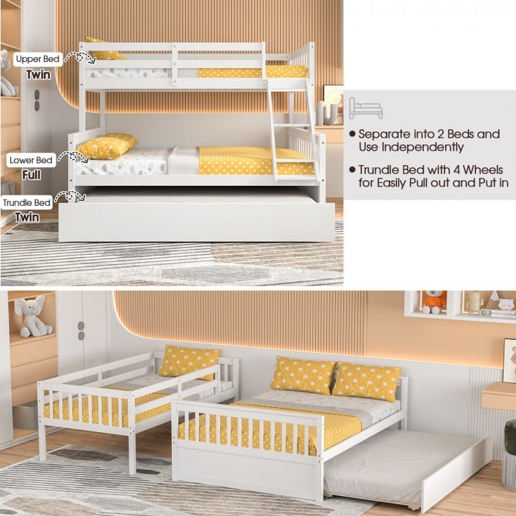 Twin over full convertible bunk bed with a white solid pine frame, featuring a pull-out trundle for extra sleeping.