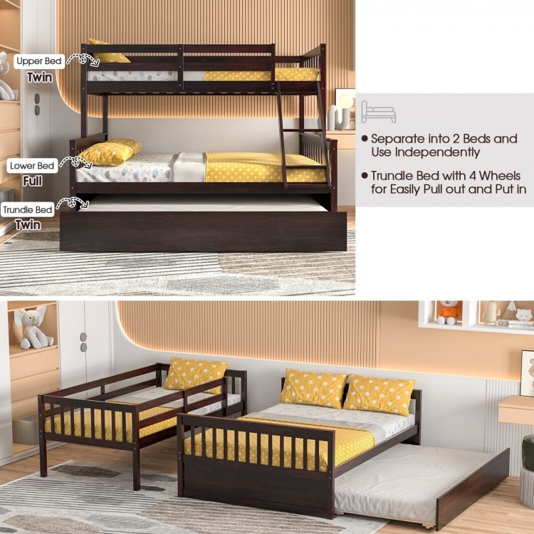 Twin over full convertible bunk bed in espresso with a twin trundle, designed for stability and space-saving in any.