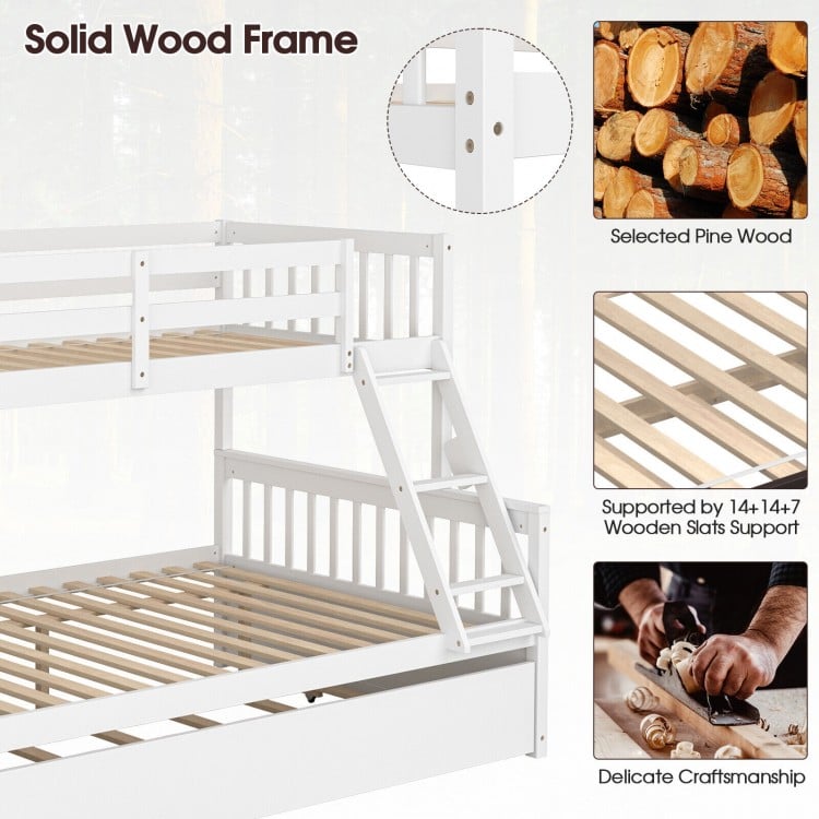 Twin over full convertible bunk bed in white with solid pine wood frame and built-in ladder for easy access.