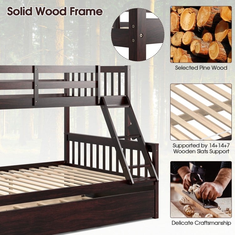 Twin over full convertible bunk bed in espresso with solid pine wood frame and built-in ladder for safe access.