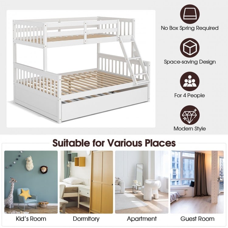 Twin over full convertible bunk bed in white with trundle, solid pine wood, ideal for kids' rooms and guest rooms.