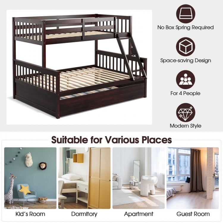 Twin over full convertible bunk bed in espresso with trundle, solid pine wood, ideal for kids' rooms and guest rooms.
