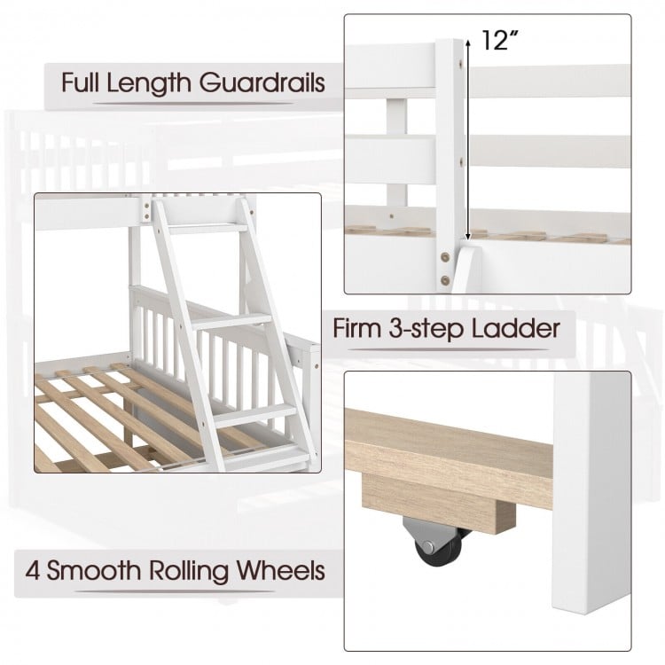 Detail of the 3-step ladder and full-length guardrails on the Twin Over Full Convertible Bunk Bed in white.