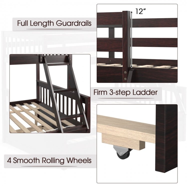 Detail of the twin over full convertible bunk bed showing full-length guardrails, 3-step ladder, and smooth rolling.