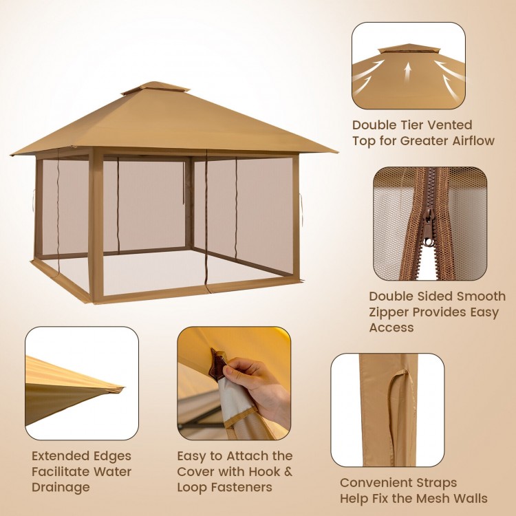 Pop-up instant canopy tent with mesh sidewalls, 13x13 feet, featuring a double-tier top for airflow and UV protection.