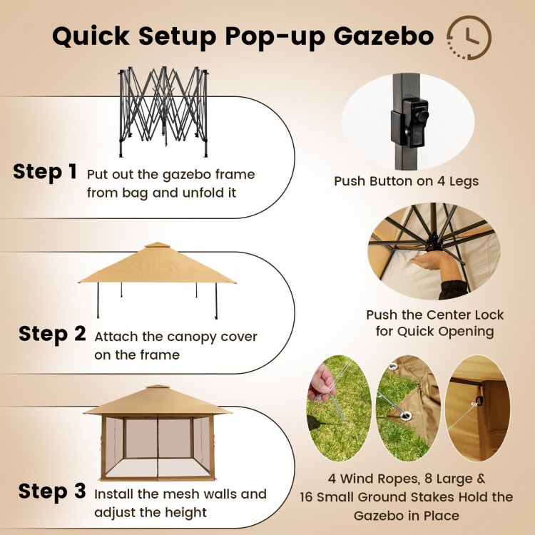 Pop-up gazebo tent with mesh sidewalls, 13x13 feet, featuring adjustable height and UV protection for outdoor events.
