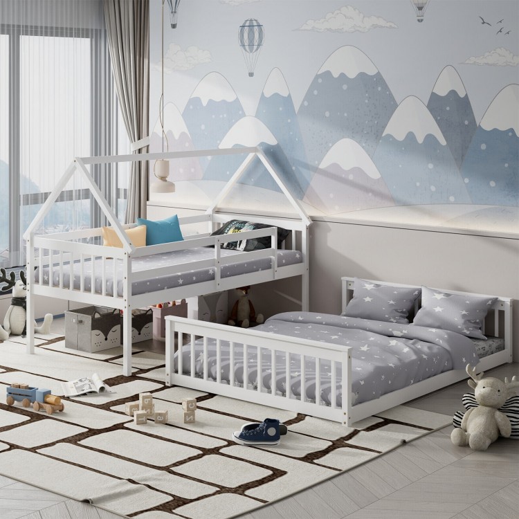 Side view of the Twin Over Full House Bunk Bed in white, showcasing its charming house design and solid pine wood.