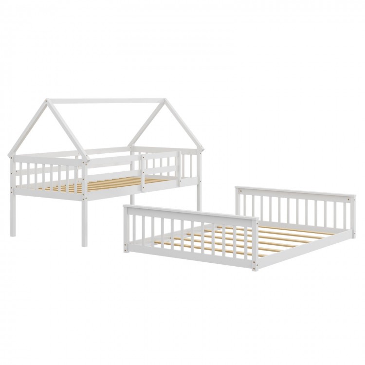 Twin Over Full House Bunk Bed in white, featuring a solid pine wood structure and slatted design for durability and.