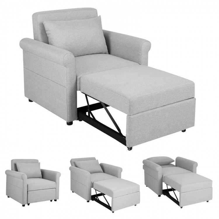 Gray 3-in-1 pull-out convertible sofa bed shown in lounger position, featuring adjustable backrest and side pockets.