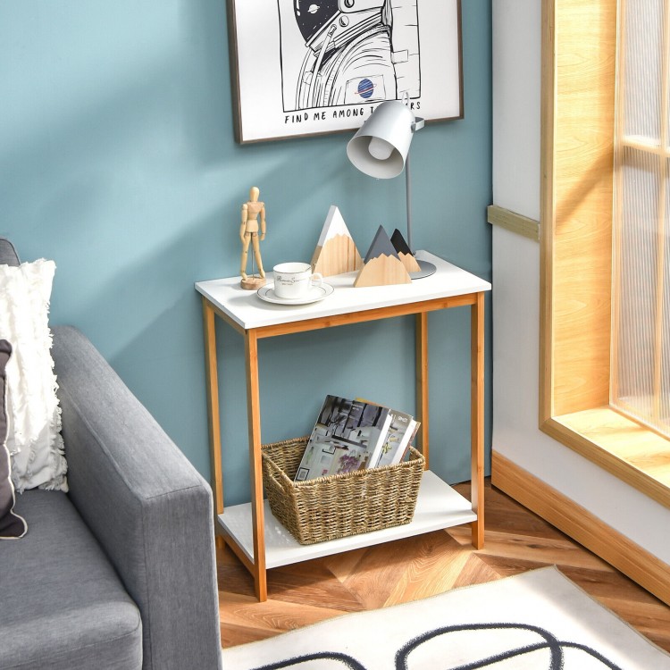 23-inch height end table with a white MDF top and bamboo frame, featuring a bottom shelf for versatile storage.