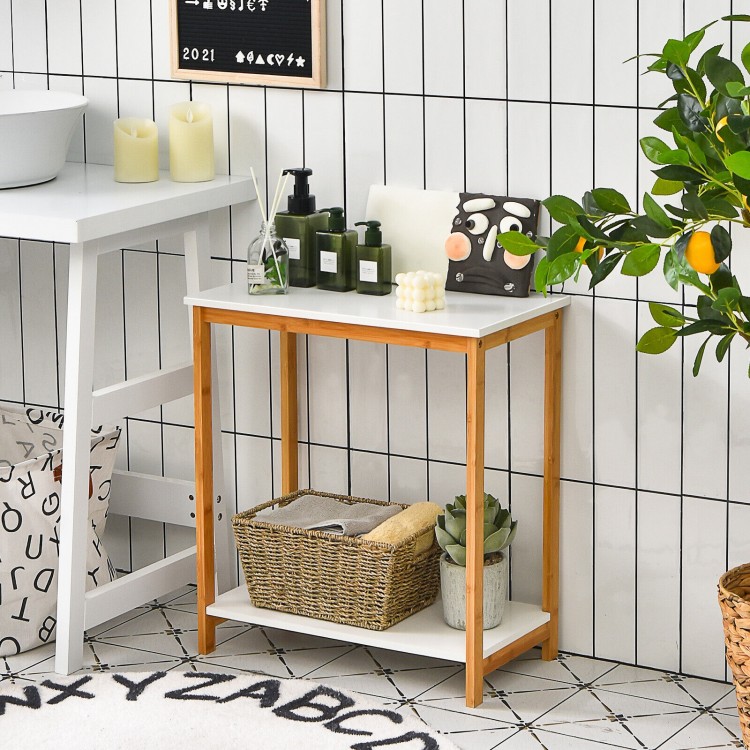 23-inch height 2-tier end table with a bamboo frame and white MDF top, perfect for compact storage in any room.