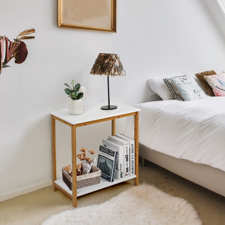 23-inch height 2-tier end table with a bamboo frame and white MDF top, ideal for compact storage in modern living.