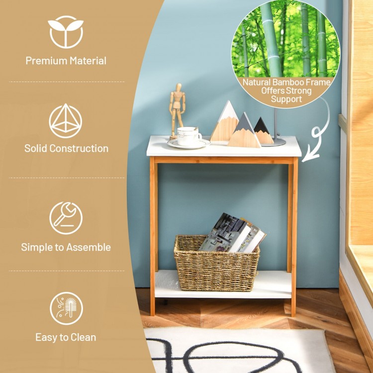 23-inch height 2-tier end table with a solid bamboo frame and white MDF top, perfect for compact living spaces.