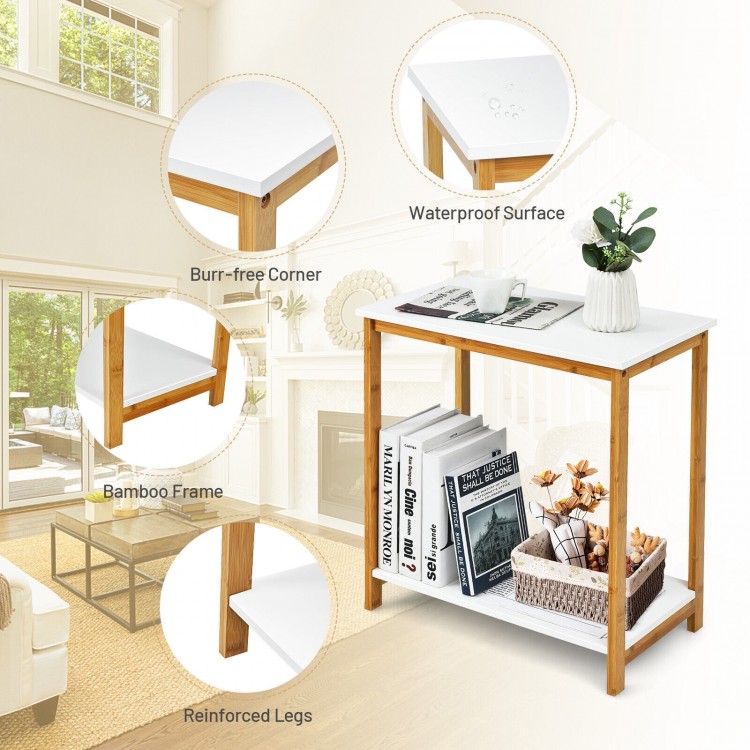23-inch height 2-tier end table with a bamboo frame, waterproof surface, and compact design for versatile storage.