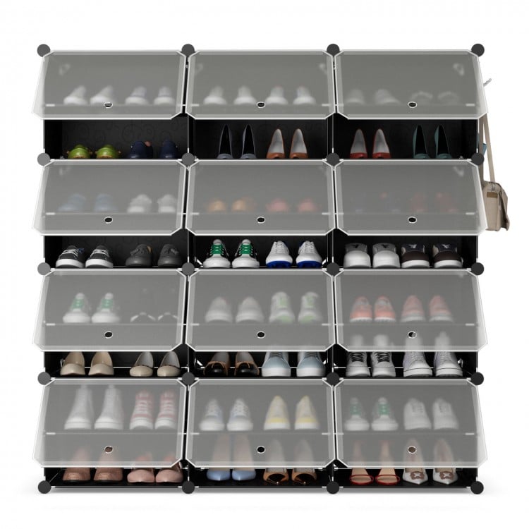 12-cube portable shoe shelves in black, storing 48 pairs with doors for dust protection, ideal for entryway.