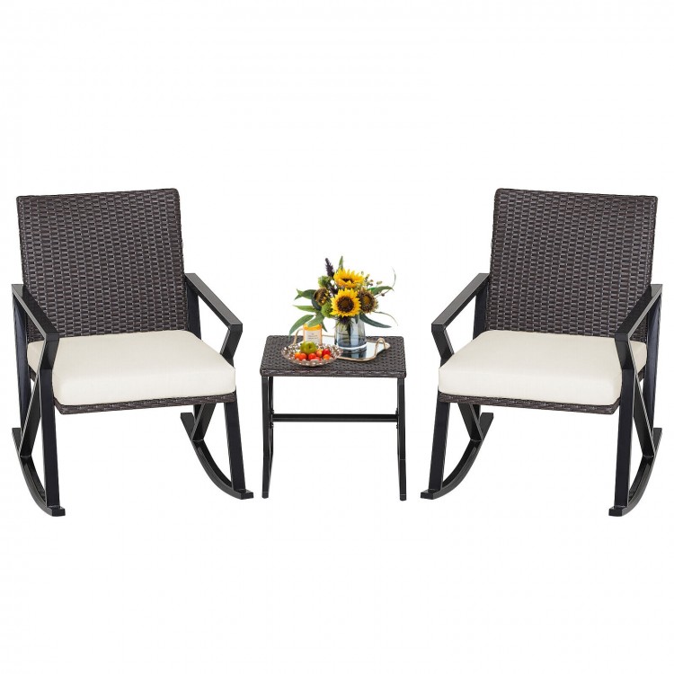 Single wicker rocking chair with a soft cushion and ergonomic backrest, designed for comfortable outdoor seating.
