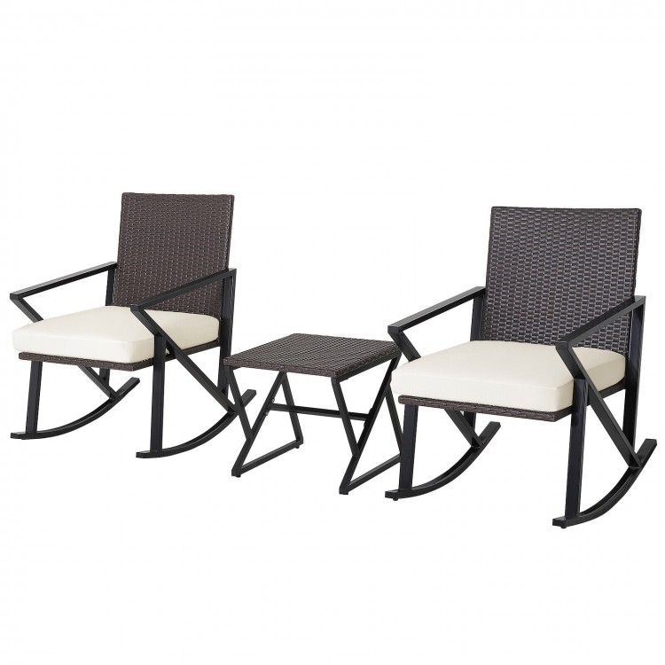 Wicker rocking chair with a 3.2" thick cushion and ergonomic design, offering comfort and style for outdoor seating.