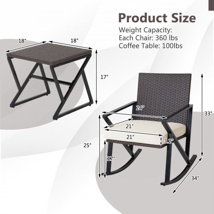 3-piece patio wicker rocking chairs set with heavy-duty metal frame, featuring ergonomic design and thick cushions for.