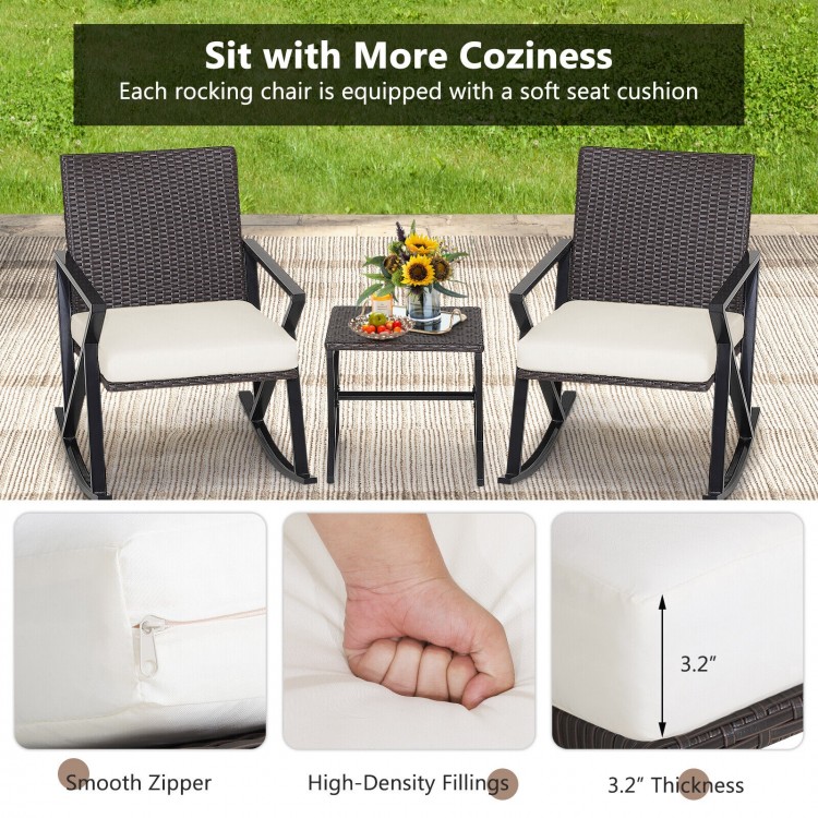 3-piece patio wicker rocking chairs set with soft 3.2" cushions and a compact coffee table for outdoor relaxation.