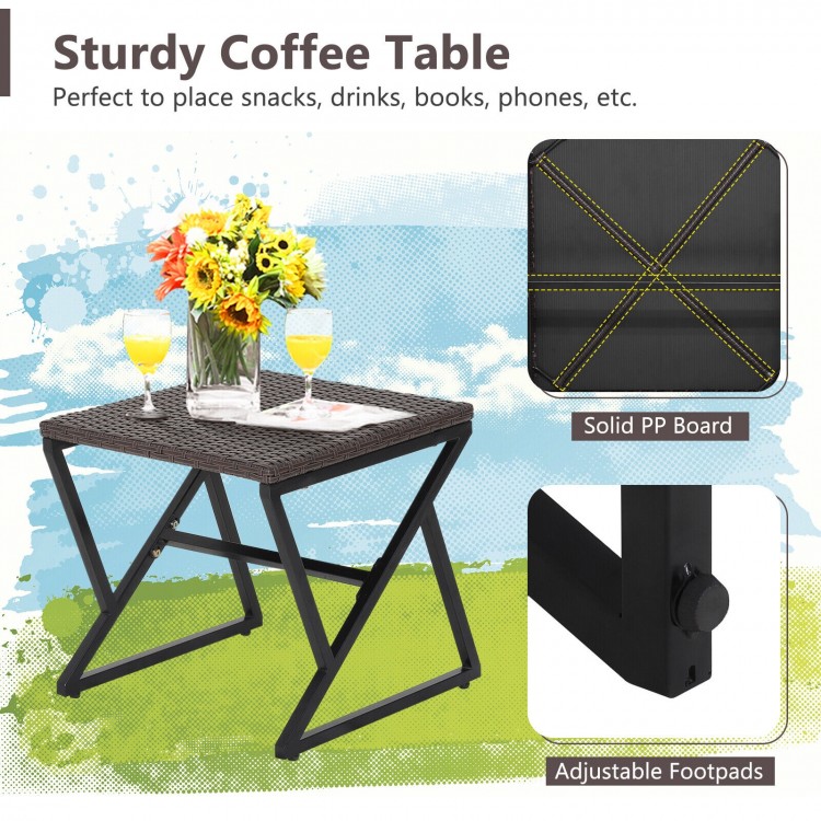 Compact coffee table with solid PP board and adjustable footpads, perfect for snacks and drinks in outdoor settings.
