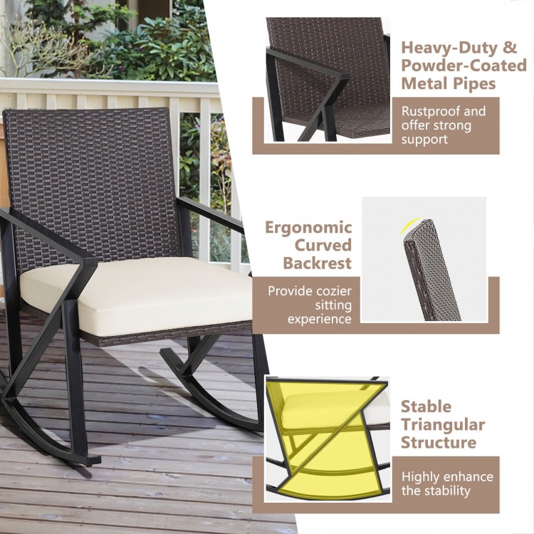 Wicker rocking chair with ergonomic backrest, heavy-duty metal frame, and soft cushions for outdoor relaxation.