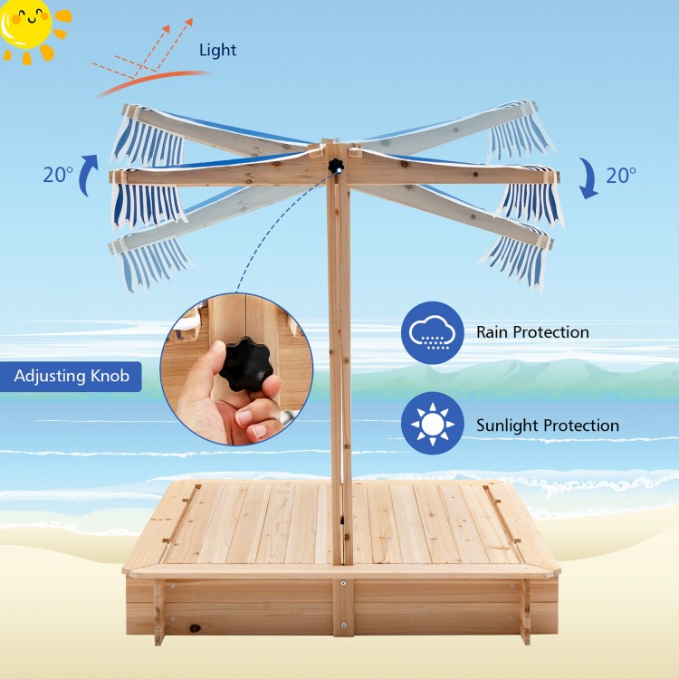 Kids wooden sandbox with adjustable blue canopy, providing sunlight and rain protection for outdoor play.