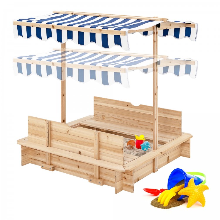 Kids wooden sandbox with blue canopy, convertible bench seats, and durable cedar wood for outdoor play and sun.