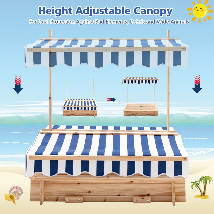 Kids wooden sandbox with height adjustable blue canopy and bench seats, designed for safe outdoor play and sun.