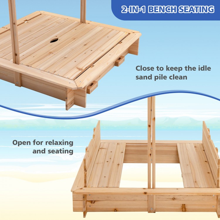 Kids wooden sandbox with canopy and convertible bench seats, featuring solid cedar wood for safe outdoor play.