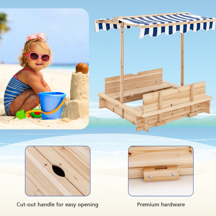 Close-up of the kids wooden sandbox's cut-out handle, designed for easy opening and convenient access to the sandpit.